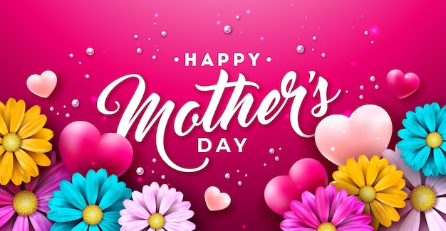 Ilustración del día de la madre feliz con corazón de flor de primavera y letra de tipografía sobre fondo rojo