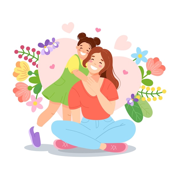 Ilustración del día de la madre con hija feliz y madre en el fondo de flores de primavera en dibujos animados