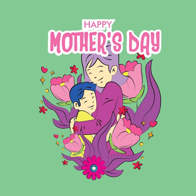 ilustración del día de la madre con mamá abrazo bebé y marco floral