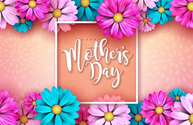 Ilustración del día de las madres felices con flor de primavera y letra de tipografía sobre fondo de patrón floral