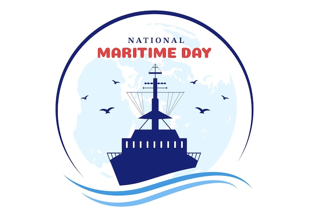 Ilustración del día marítimo mundial con mar y barco en plantillas dibujadas a mano de celebración náutica azul