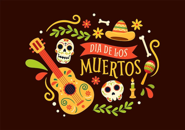 Ilustración del Día de Muertos con el Día de los Muertos Reproducir música Esqueleto con traje y sombrero mexicanos