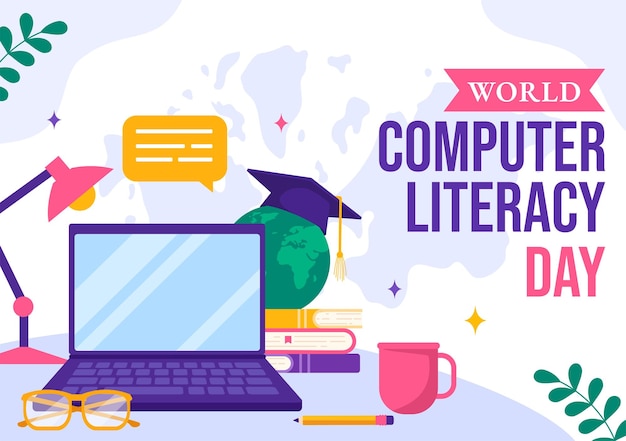 Ilustración del Día Mundial de la Alfabetización Informática el 2 de diciembre con libros y equipos multimedia en educación