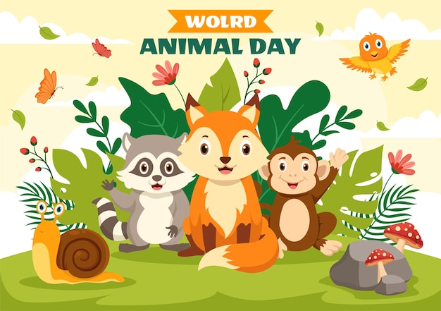 Ilustración del Día Mundial de los Animales con varios animales o vida silvestre para la protección del hábitat y el bosque