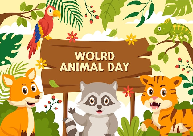 Ilustración del Día Mundial de los Animales con varios animales o vida silvestre para la protección del hábitat y el bosque