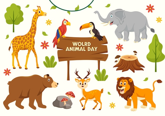 Ilustración del Día Mundial de los Animales con varios animales o vida silvestre para la protección del hábitat y el bosque