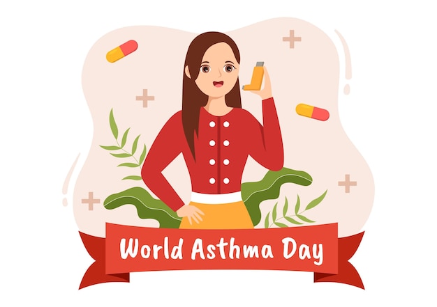 Ilustración del Día Mundial del Asma con Inhalador y Prevención de la Salud Pulmones en Plantillas Dibujadas a Mano