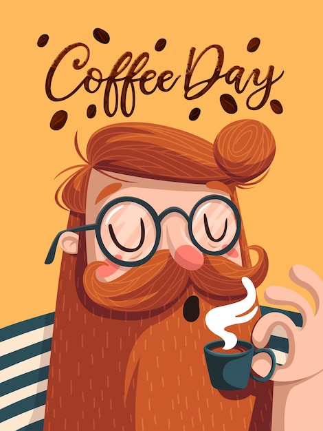 Vector ilustración del día mundial del café de un hombre barbudo disfrutando de una taza de café caliente