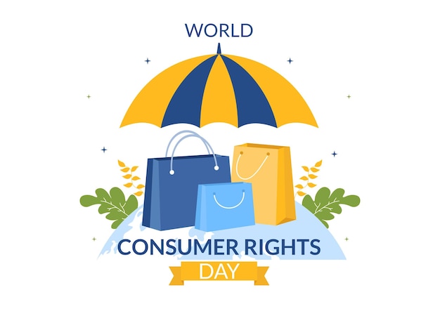 Ilustración del día mundial de los derechos del consumidor con compras y necesidades de los consumidores para la plantilla de banner web