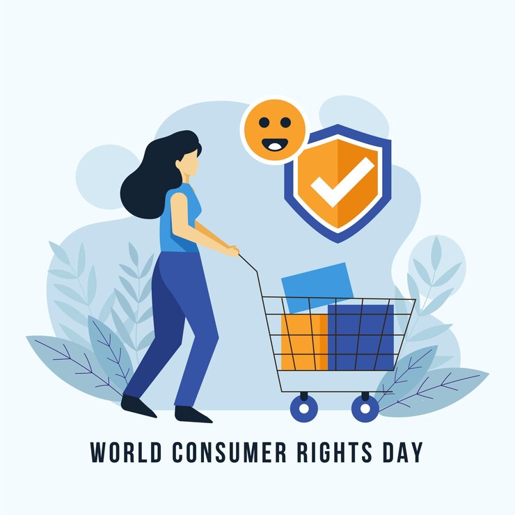 Vector ilustración del día mundial de los derechos del consumidor con mujer y carrito de compras