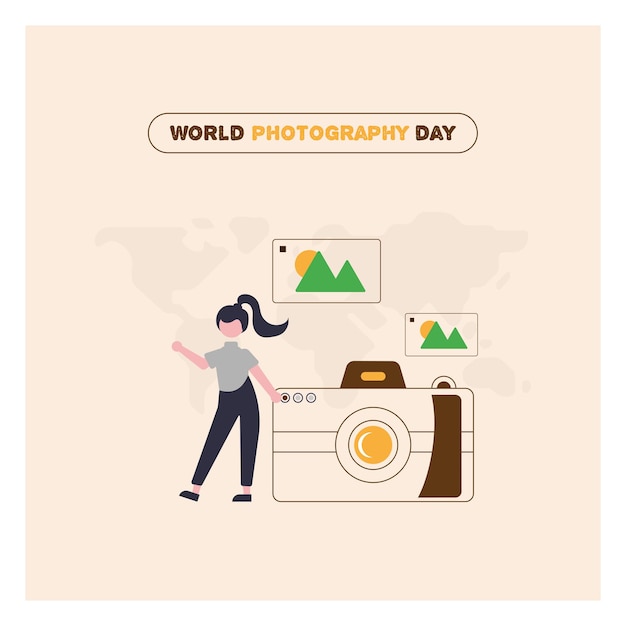 Ilustración del día mundial de la fotografía vectorial plana gratuita con una cámara, arte vectorial, redes sociales