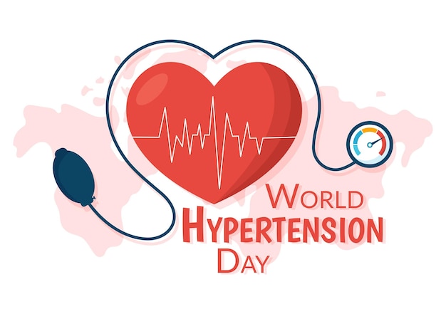 Ilustración del día mundial de la hipertensión con presión arterial alta e imagen de amor roja dibujada a mano