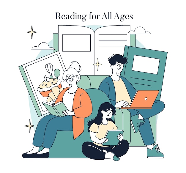 Ilustración del Día Mundial del Libro Familias participan en la lectura a través de generaciones con una mujer anciana