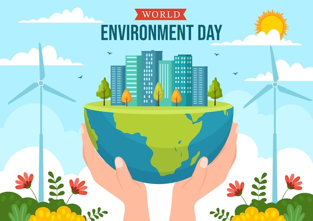 Ilustración del Día Mundial del Medio Ambiente con árboles verdes y animales en el bosque para salvar el planeta