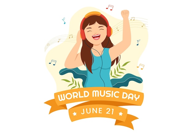 Ilustración del Día Mundial de la Música con varios instrumentos musicales y notas en plantillas dibujadas a mano
