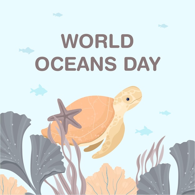 Ilustración del Día Mundial de los Océanos con la tortuga marina