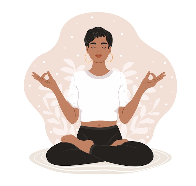 Ilustración del día mundial de la salud mental Mujer negra meditando con los ojos cerrados