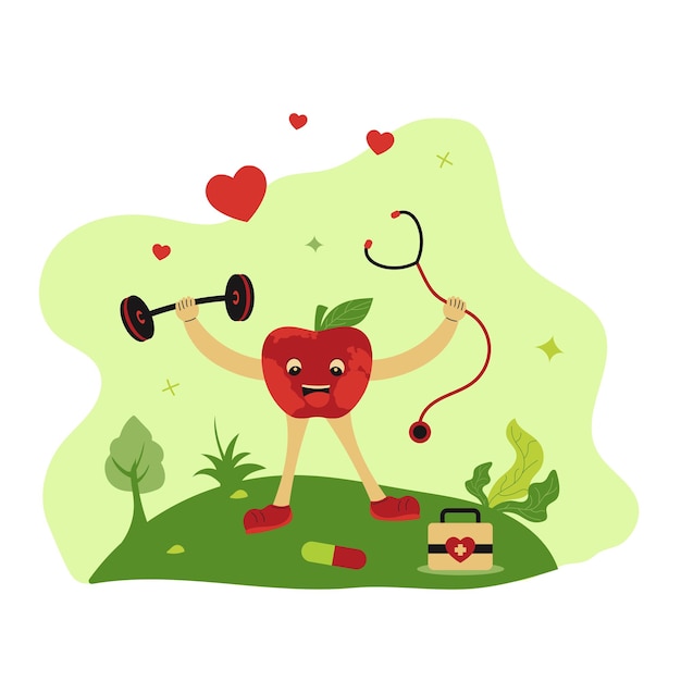 Ilustración del Día Mundial de la Salud con personaje de Apple con gimnasio y equipos médicos