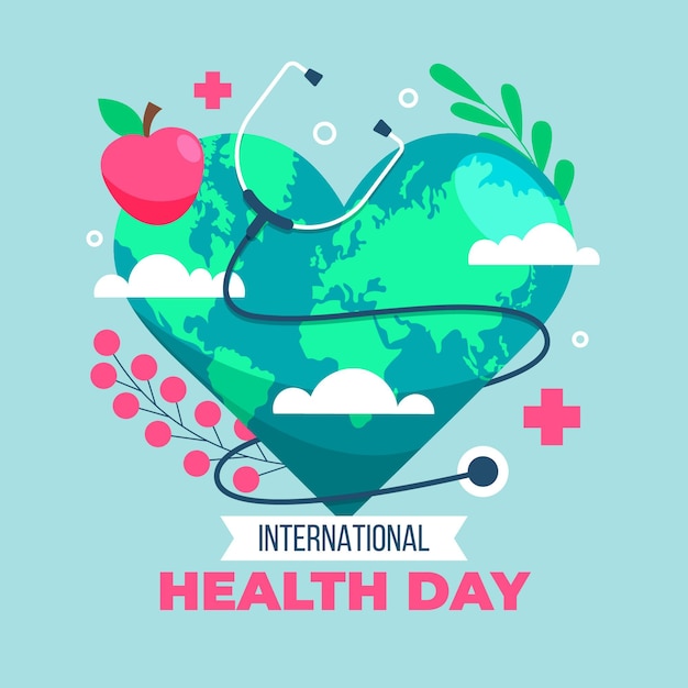 Ilustración del día mundial de la salud con planeta en forma de corazón y estetoscopio