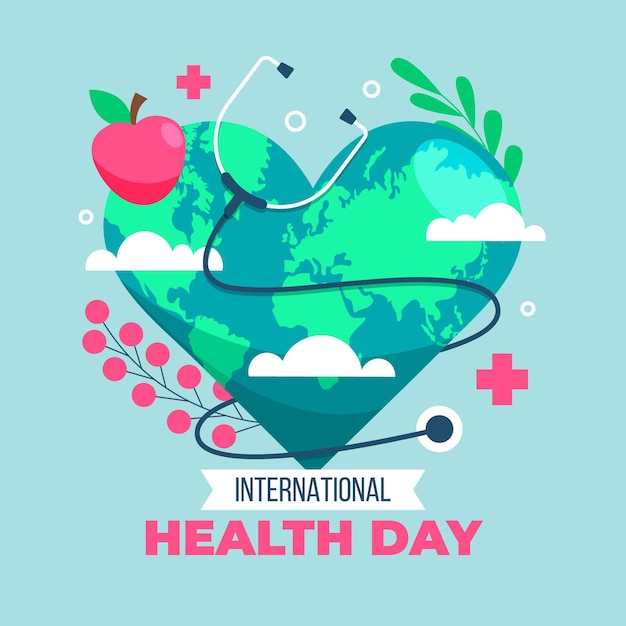 Vector ilustración del día mundial de la salud con planeta en forma de corazón y estetoscopio