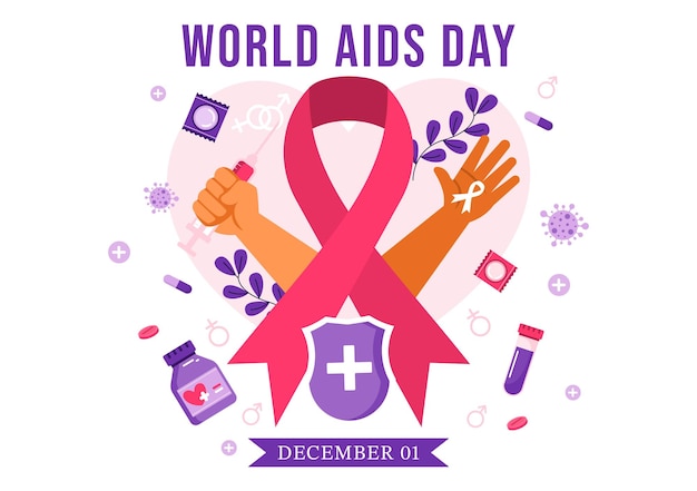 Ilustración del Día Mundial de la SIDA el 1 de diciembre con cinta roja para crear conciencia sobre la epidemia de SIDA