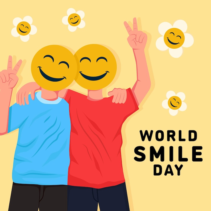 Vector ilustración del día mundial de la sonrisa con la cara de dos personas cubierta por una sonrisa emoji