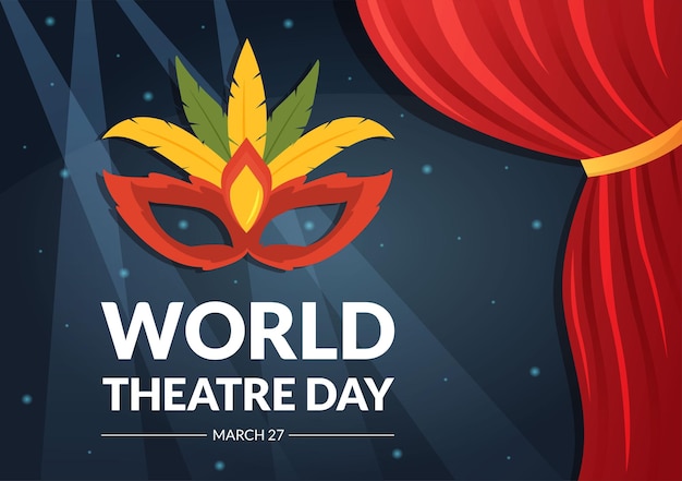 Ilustración del día mundial del teatro con máscaras y celebre el teatro en plantilla de página de aterrizaje dibujada a mano