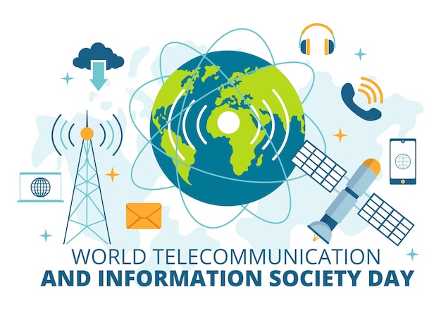 Vector ilustración del día mundial de las telecomunicaciones y la sociedad de la información con la red de comunicaciones