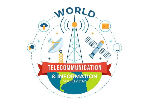 Vector ilustración del día mundial de las telecomunicaciones y la sociedad de la información con la red de comunicaciones