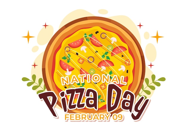 Ilustración del Día Nacional de la Pizza el 9 de febrero con varios aderezos en cada rebanada en el fondo