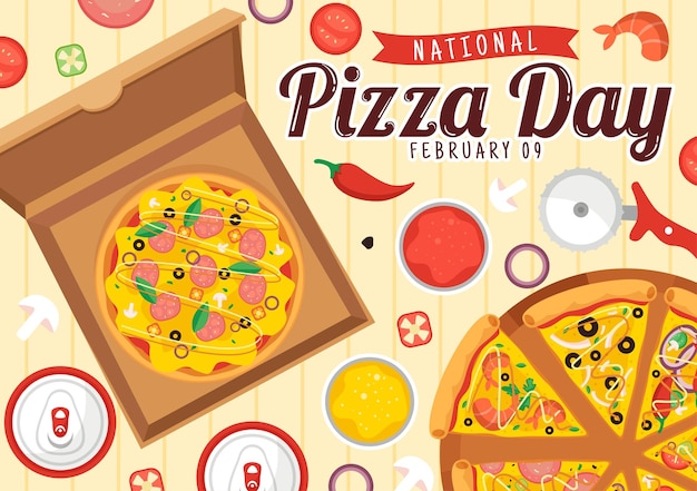 Ilustración del Día Nacional de la Pizza el 9 de febrero con varios aderezos en cada rebanada en el fondo