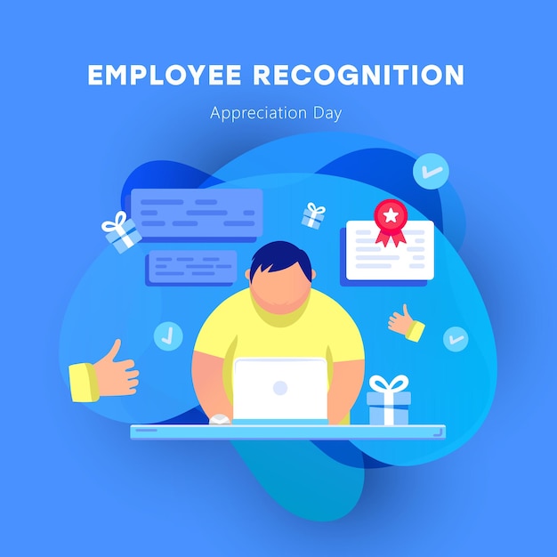 Una ilustración del día de reconocimiento del empleado con un trabajador en una computadora portátil rodeado de aprecio