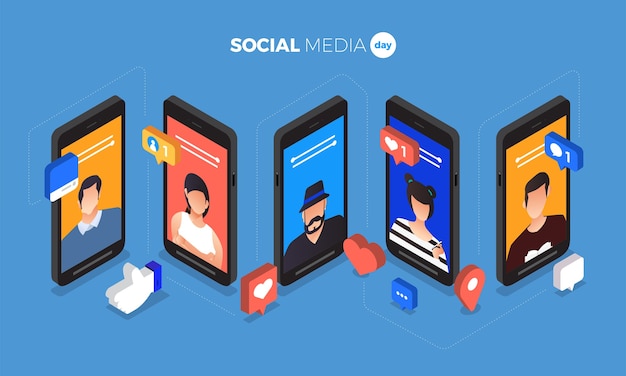 Ilustración del día de las redes sociales. Conectando a las personas con tecnología de vanguardia.