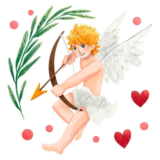 Ilustración para el Día de San Valentín, Cupido dispara un arco, corazón, ramita