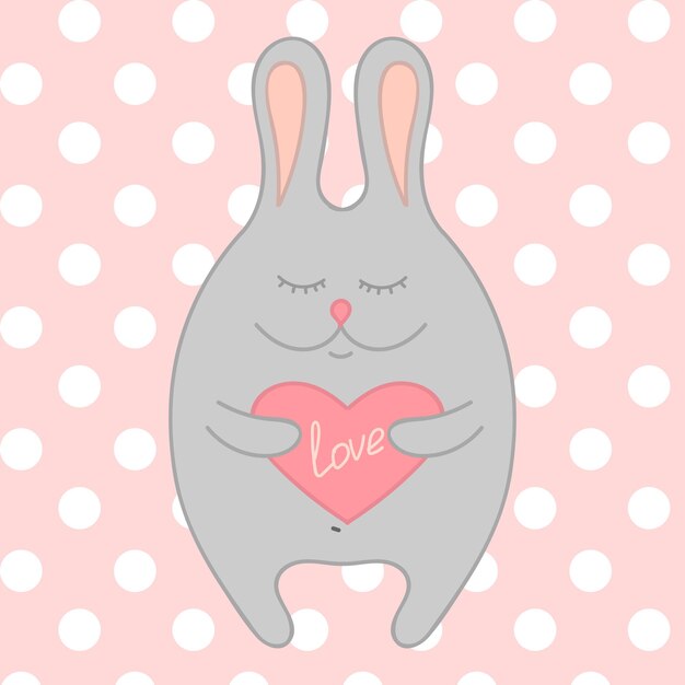 Vector ilustración para el día de san valentín. lindo conejo con corazón. fondo de guisante rosa. ilustración vectorial.