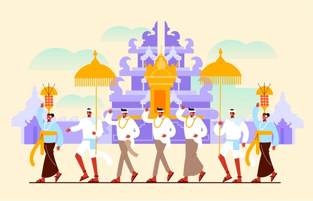 Ilustración del día del silencio de Bali con personas y paraguas