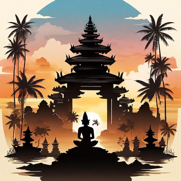 Ilustración del día de silencio de Nyepi con el templo en el fondo del atardecer