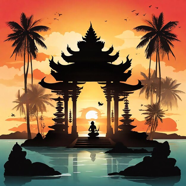 Ilustración del día de silencio de nyepi con el templo en el fondo del atardecer