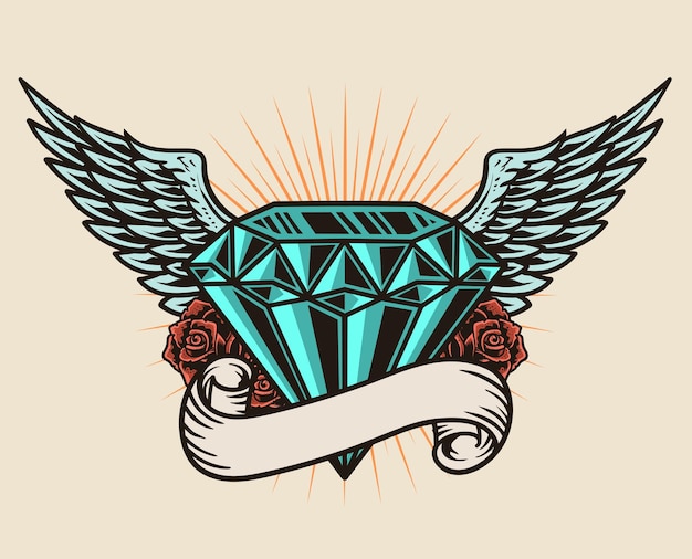 Ilustración de diamante con alas y flores de rosa sobre fondo blanco