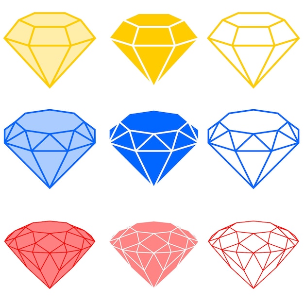 Ilustración de diamantes en tres tipos de corte en silueta y líneas