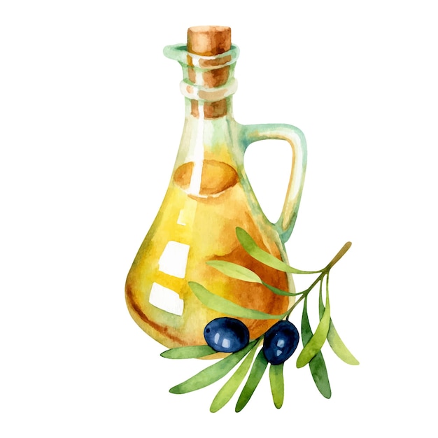 Ilustración dibujada a mano de acuarela de aceite de oliva en una botella de vidrio con aceitunas negras aisladas
