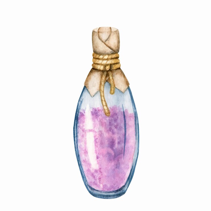 Ilustración dibujada a mano en acuarela de una botella de vidrio con sal rosa aislada sobre un fondo blanco