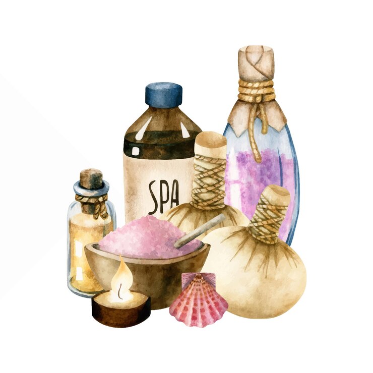 Ilustración dibujada a mano en acuarela de botellas de spa, sal, bolsas de masaje de hierbas y velas aisladas