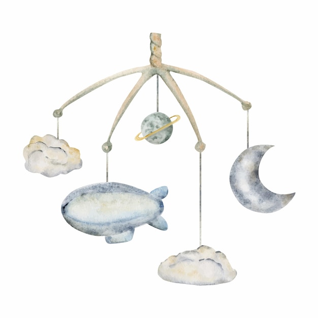 Ilustración dibujada a mano en acuarela diseño móvil cosmos mágico universo luna planeta nubes globo aeronave aislado sobre fondo blanco para niños niños ropa de dormitorio sábanas tarjeta de impresión