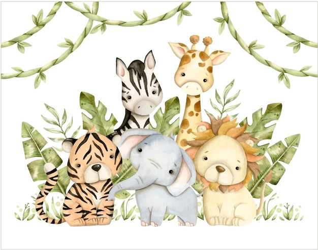 Ilustración dibujada a mano en acuarela de safari con bebé elefante león tigre cebra jirafa y selva para niños