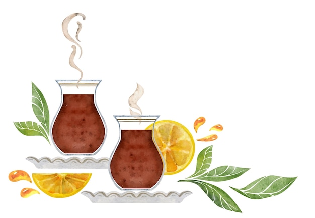 Ilustración dibujada a mano en acuarela Tazas de té en platos hojas verdes y rebanadas de limón jugosas Objetos aislados en fondo blanco Para invitaciones cafetería restaurante menú de comida impresión tarjetas de sitio web