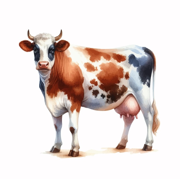 Ilustración dibujada a mano en acuarela de una vaca aislada sobre un fondo blanco