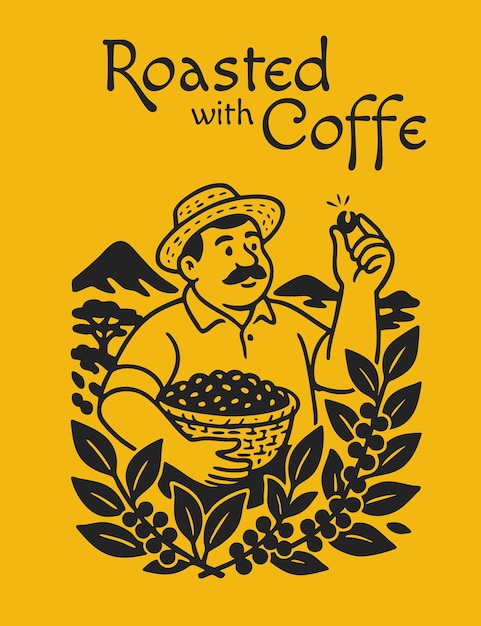 Ilustración dibujada a mano de un agricultor de café recogiendo granos de café para el diseño de envases de café 1