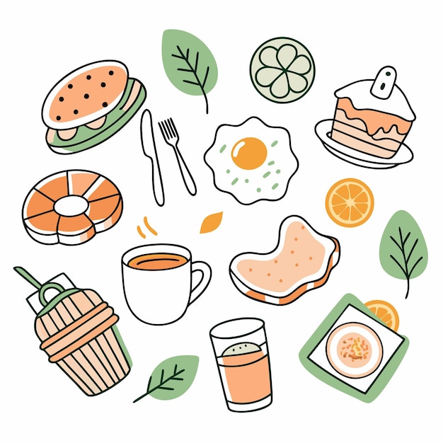Ilustración dibujada a mano de alimentos y bebidas para el desayuno
