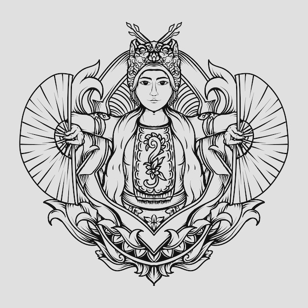 Ilustración dibujada a mano en blanco y negro adorno de grabado de danza tradicional gandrung